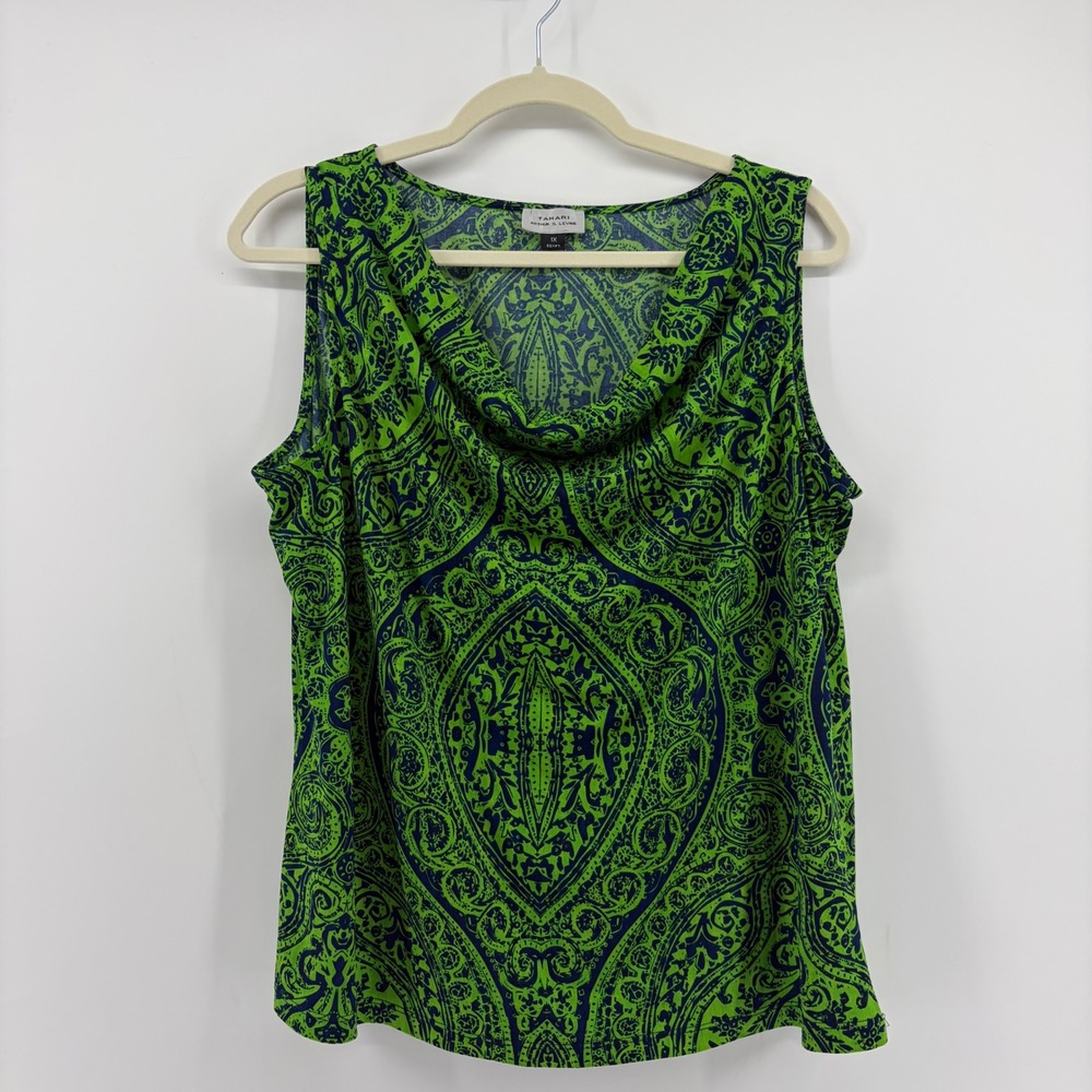 Tahari Womens 1X Green Paisley Tank Top Cowl Neck Sleeveless Blouse Stretch
